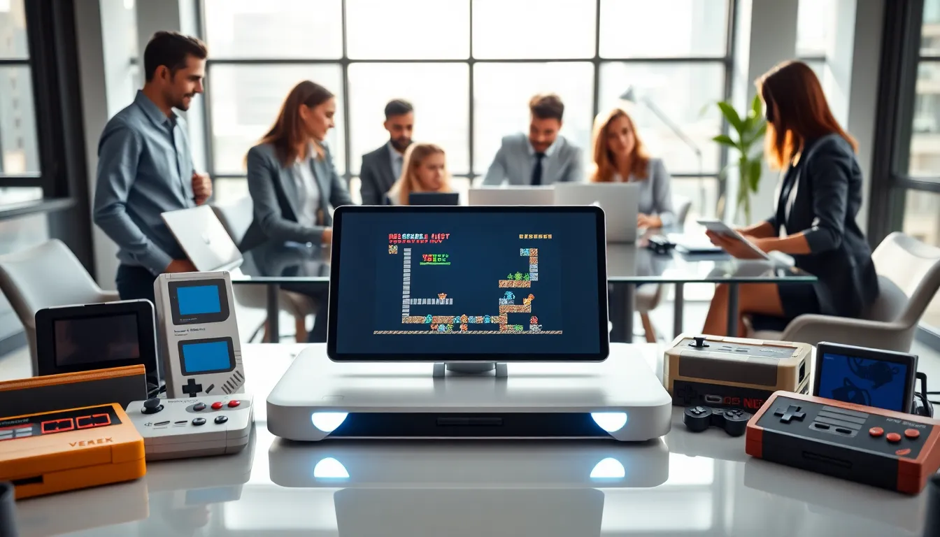 Steam Deck gaming device displaying retro games in a modern office.