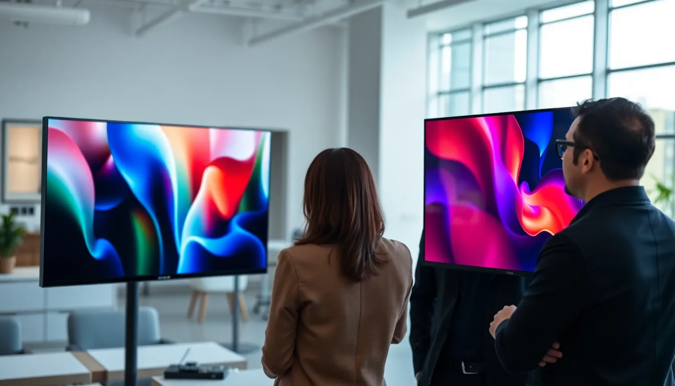 professionals comparing LCD and OLED displays in a modern office.