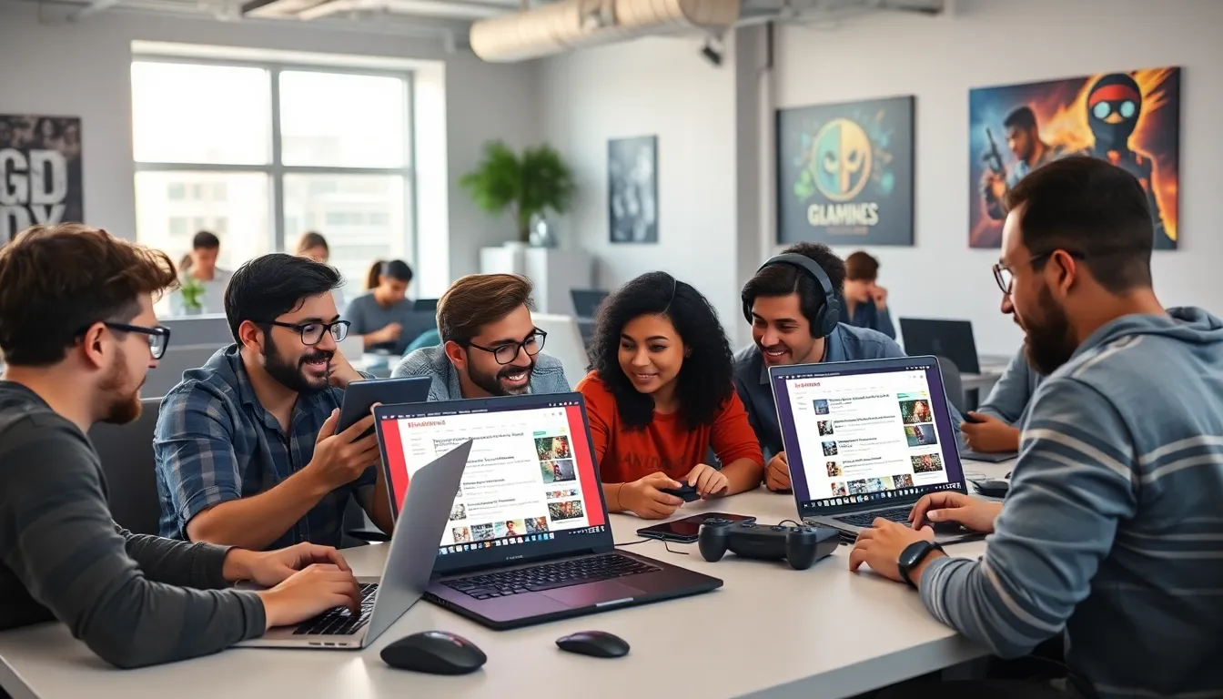 diverse group of gamers discussing updates in a modern co-working space.