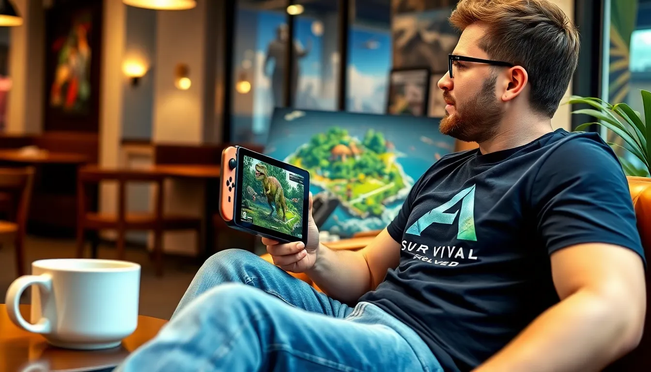gamer playing Ark Survival Evolved on a Nintendo Switch in a café.