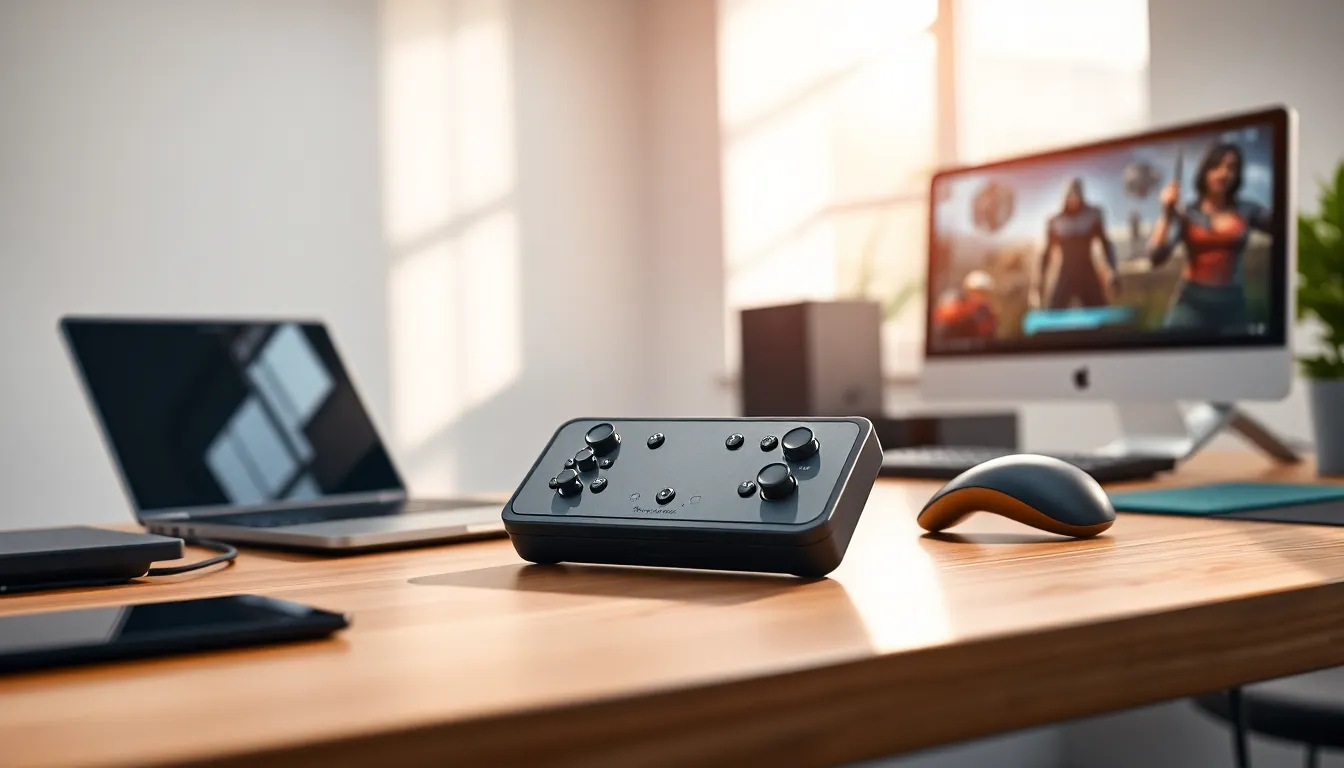 Steam Deck Mini in a modern gaming workspace.