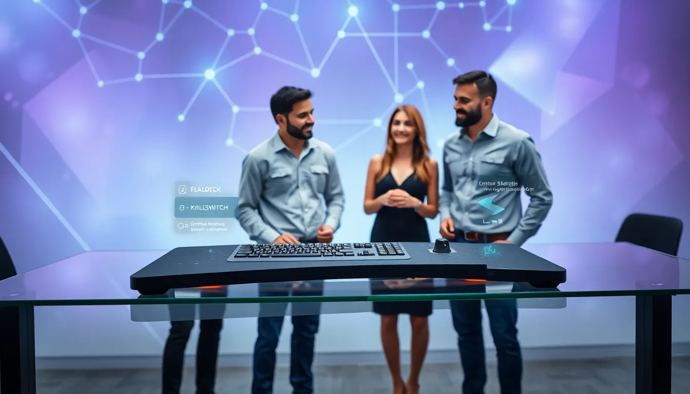 Steam Deck on a modern desk with professionals discussing gaming technology.