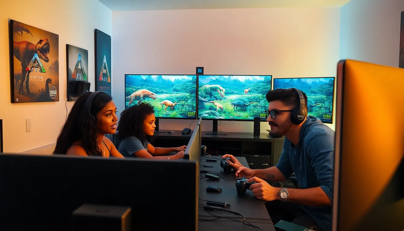 diverse gamers collaborating around consoles in a themed gaming room.