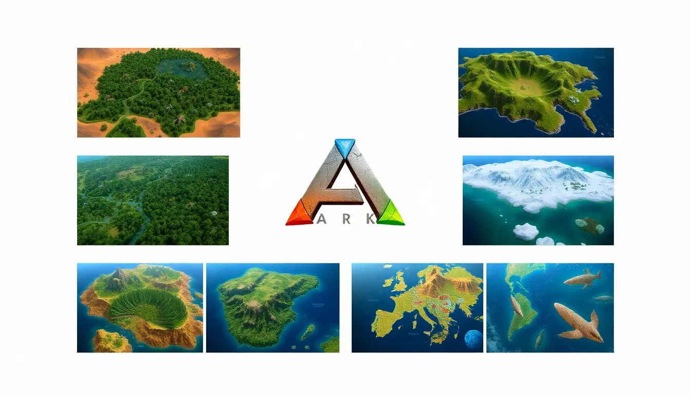 collage of different maps from Ark: Survival Evolved.